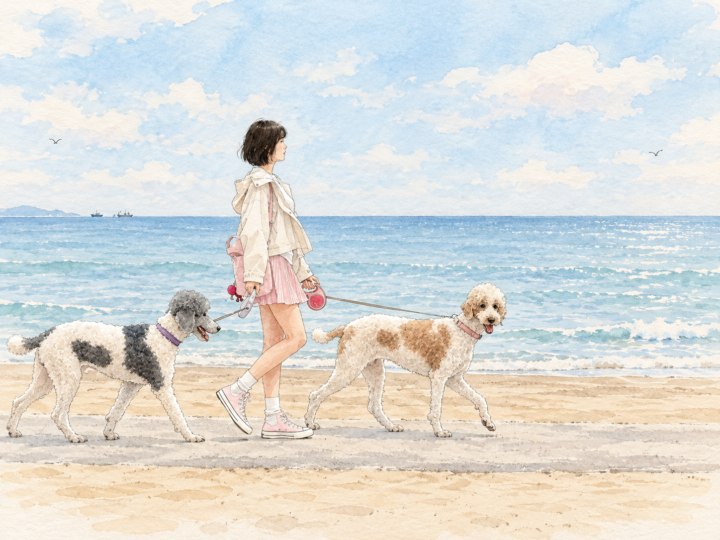 海边散步的女孩，牵着一黑白一棕白的两只狗狗